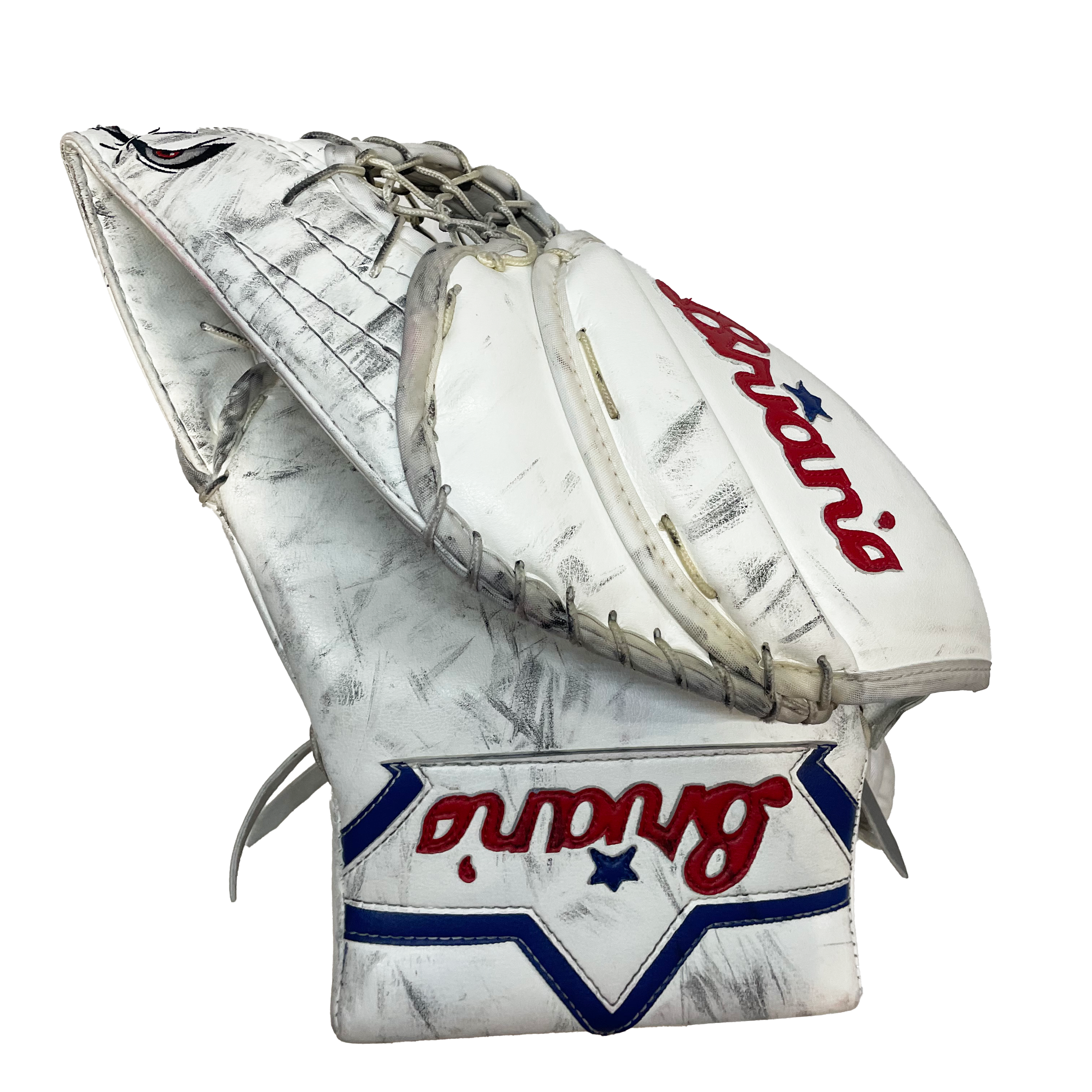 Brians Optik 2 - Gant de gardien Jake Allen NHL Pro Stock d'occasion - Canadiens de Montréal (blanc/rouge/bleu)